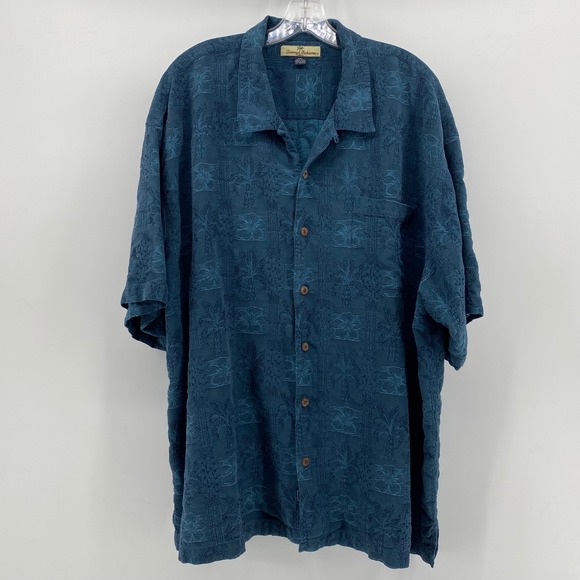 Tommy Bahama Other - Tommy Bahama Relax Mens XXL Silk Camp Shirt Teal Blue Jacquard Palm Hibiscus